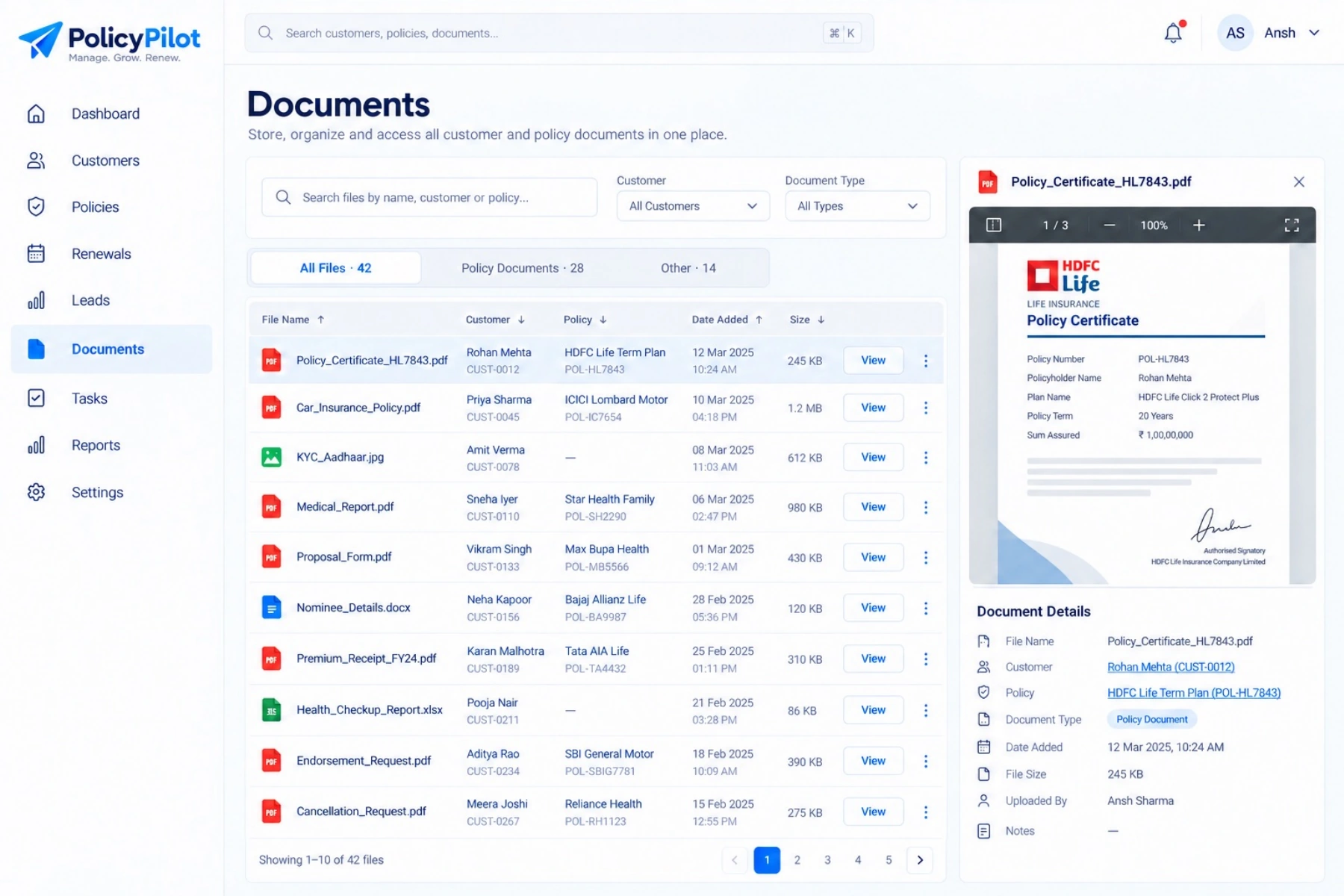 PolicyPilot Documents interface from the product design